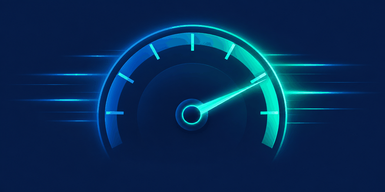 A dark dashboard speed gauge with a glowing teal needle